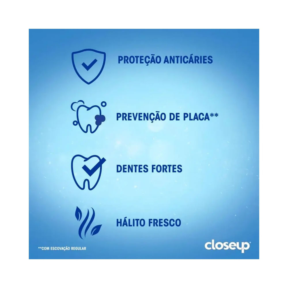 Imagem informativa com benefícios do Creme Dental Close Up Dentes + Brancos
